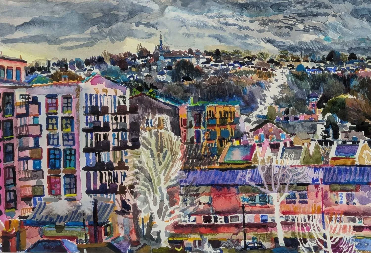 Watercolour by Alexandra Blum winter trees created through negative space to describe their delicate silvery appearance in rain