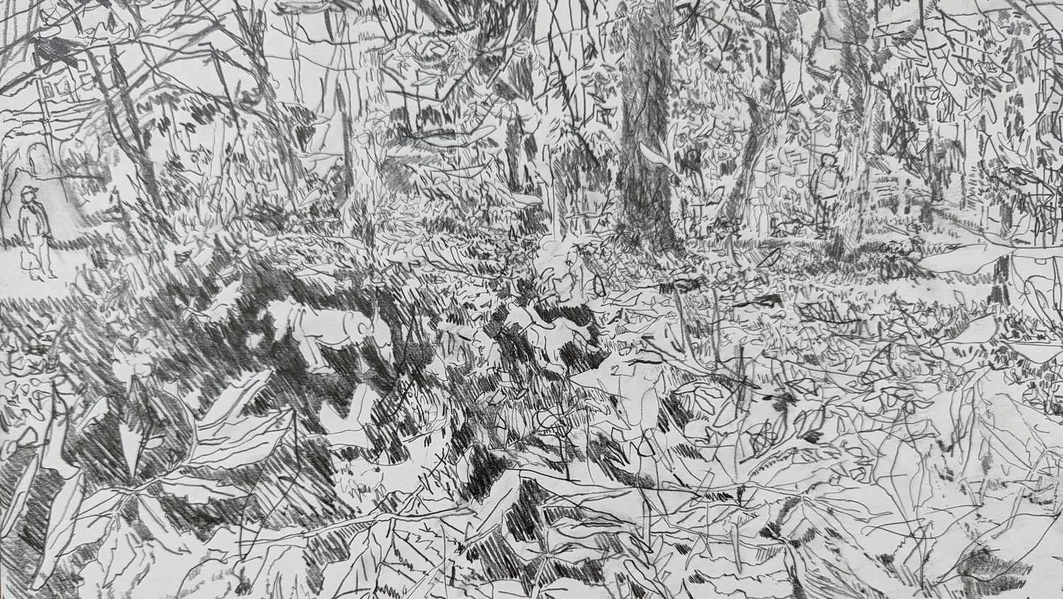 Detail from graphite drawing by Alexandra Blum autumn leaves dogs playing Laycock Green London