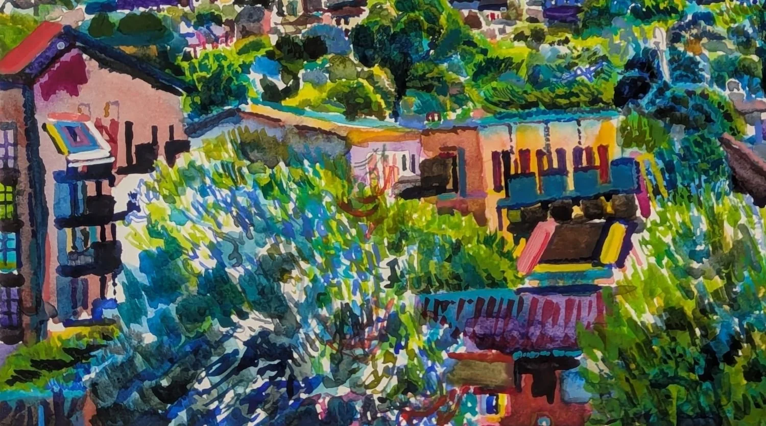 Detail of watercolour by Alexandra Blum focusing on relationship trees and buildings