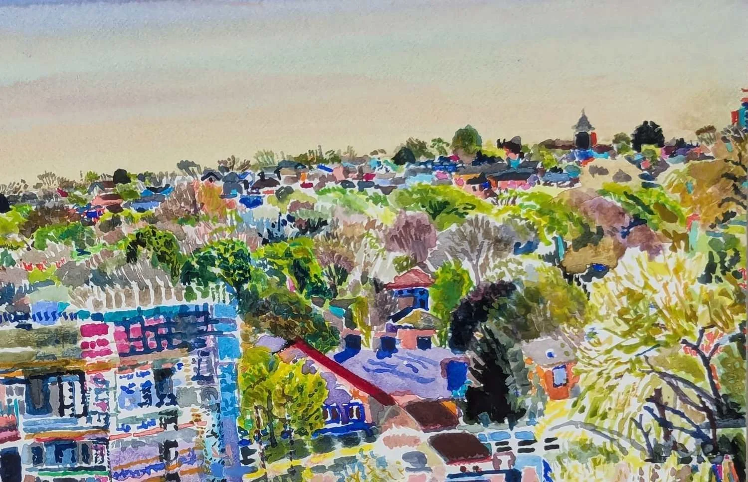 Watercolour by Alexandra Blum close up of spring leaves spreading over Shooters Hill London with building site and clear sky