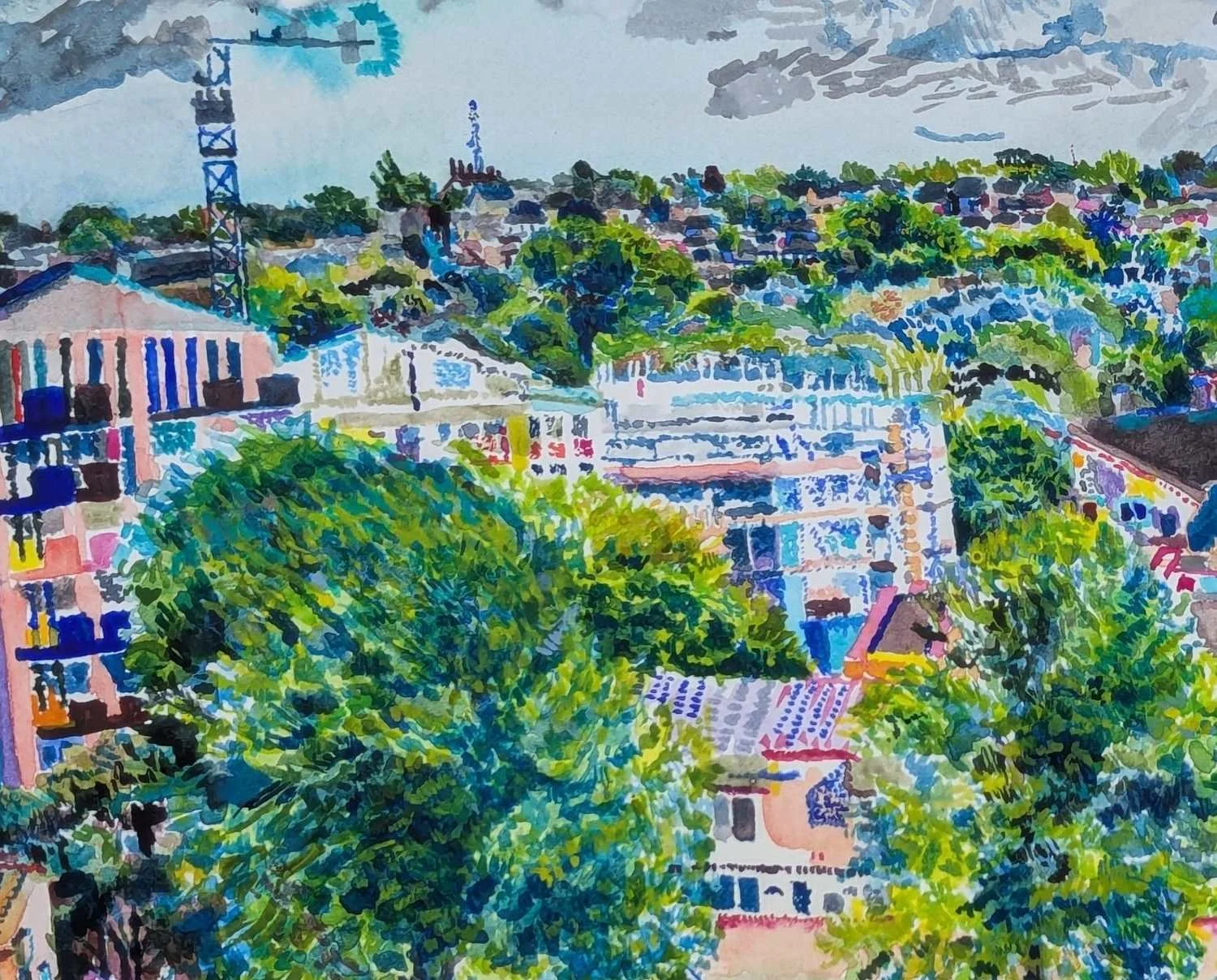 Watercolour by Alexandra Blum close up trees with fresh early summer leaves  crowding building site on Shooters Hill  London