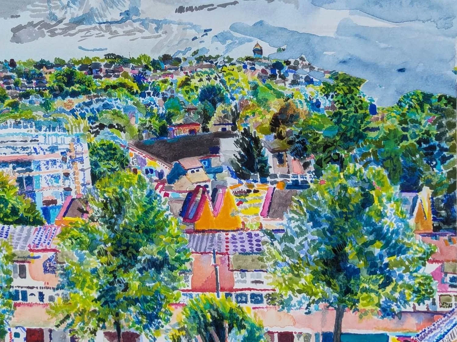 Watercolour by Alexandra Blum close up of early summer leaves on urban forest with sky reaching down onto trees