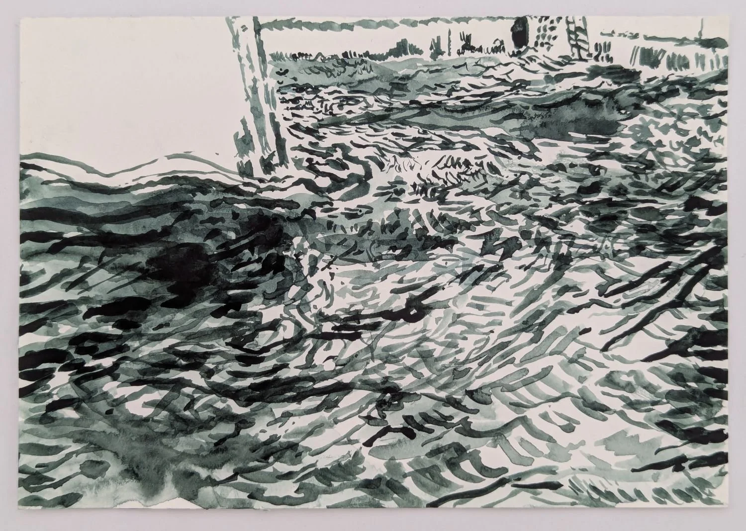 Watercolour drawing by Alexandra Blum looking closely at water moving around the base of the Thames Barrier