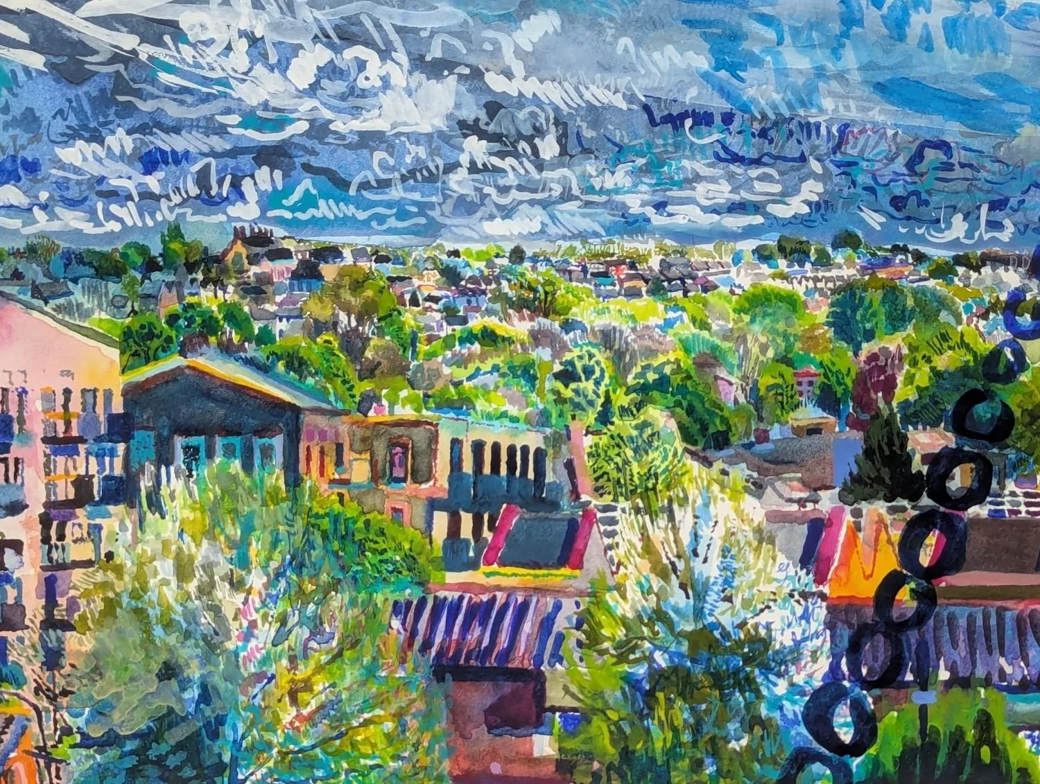 Close up of watercolour by Alexandra Blum focusing on interaction trees and buildings of Shooters Hill London