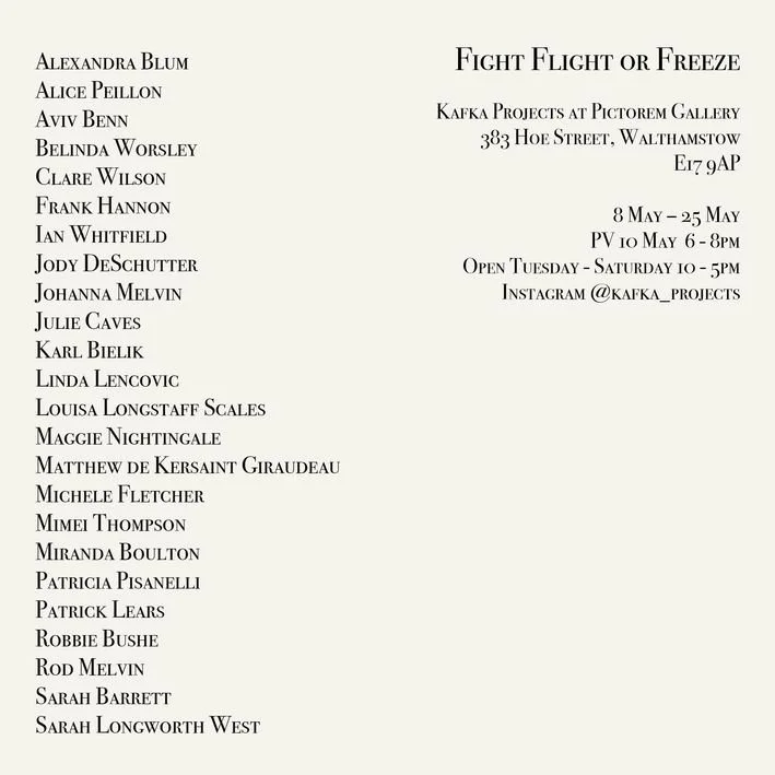 Flyer for Fight Flight Freeze exhibition with exhibiting artists names