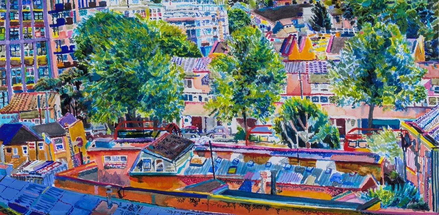 Watercolour  by Alexandra Blum close up of London bus travelling under trees in full early summer leaf surrounded by industrial and residential buildings