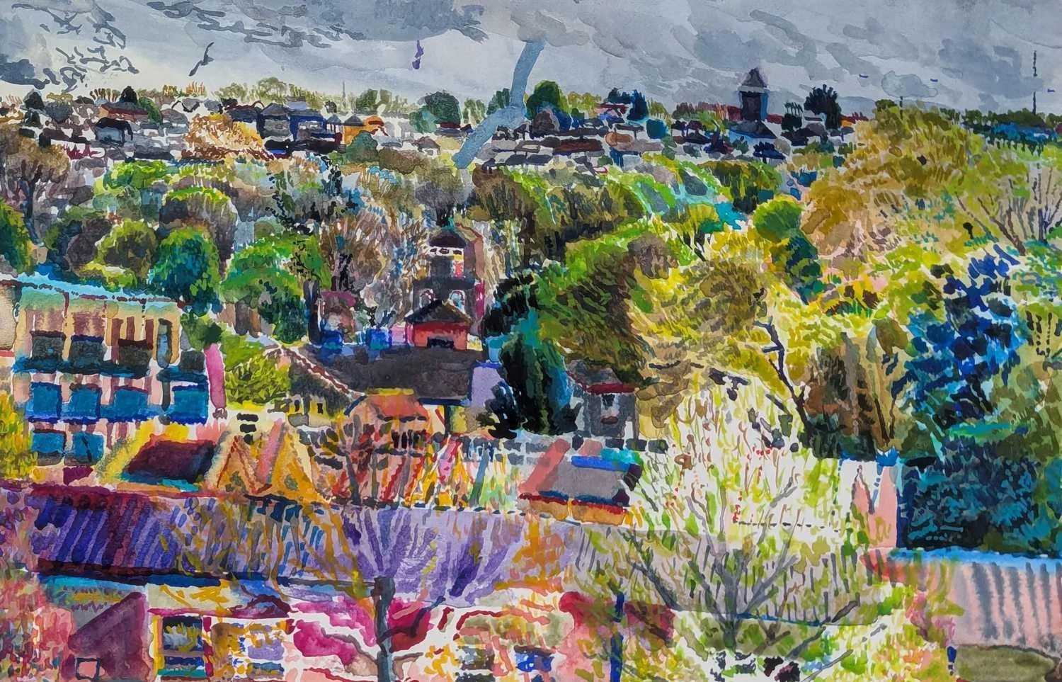 Detail of watercolour by Alexandra Blum focussing on transparency of trees as they begin to grow spring leaves