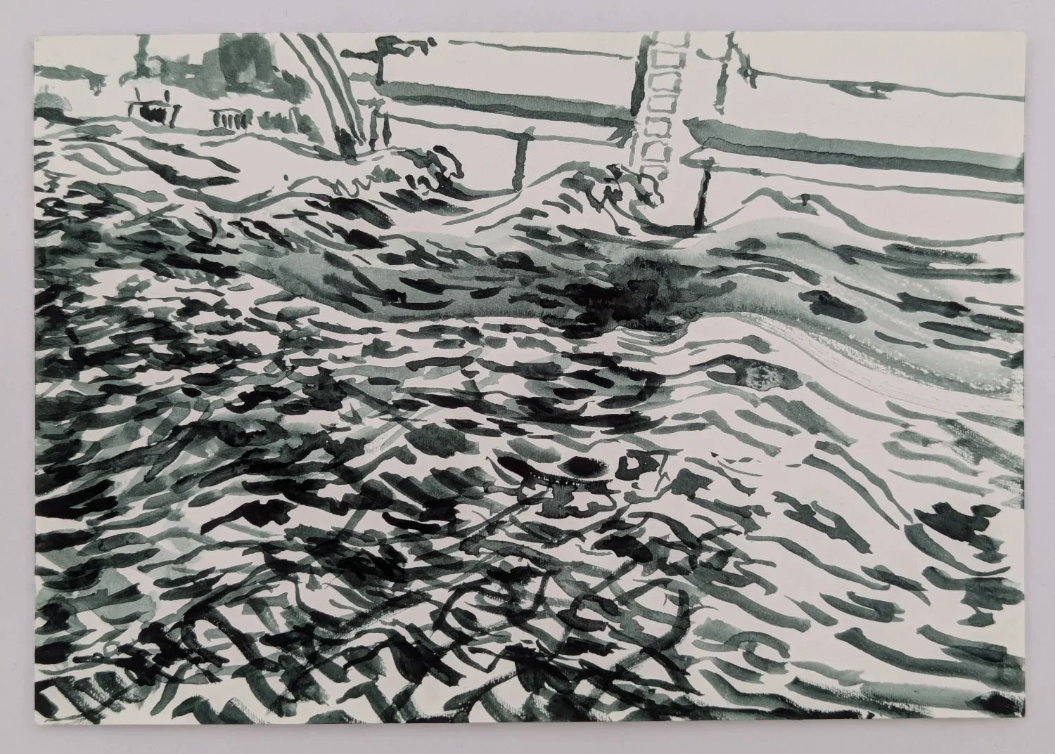 Watercolour drawing by Alexandra Blum of cresting waves and swell as water moves through Thames Barrier on ebbing tide