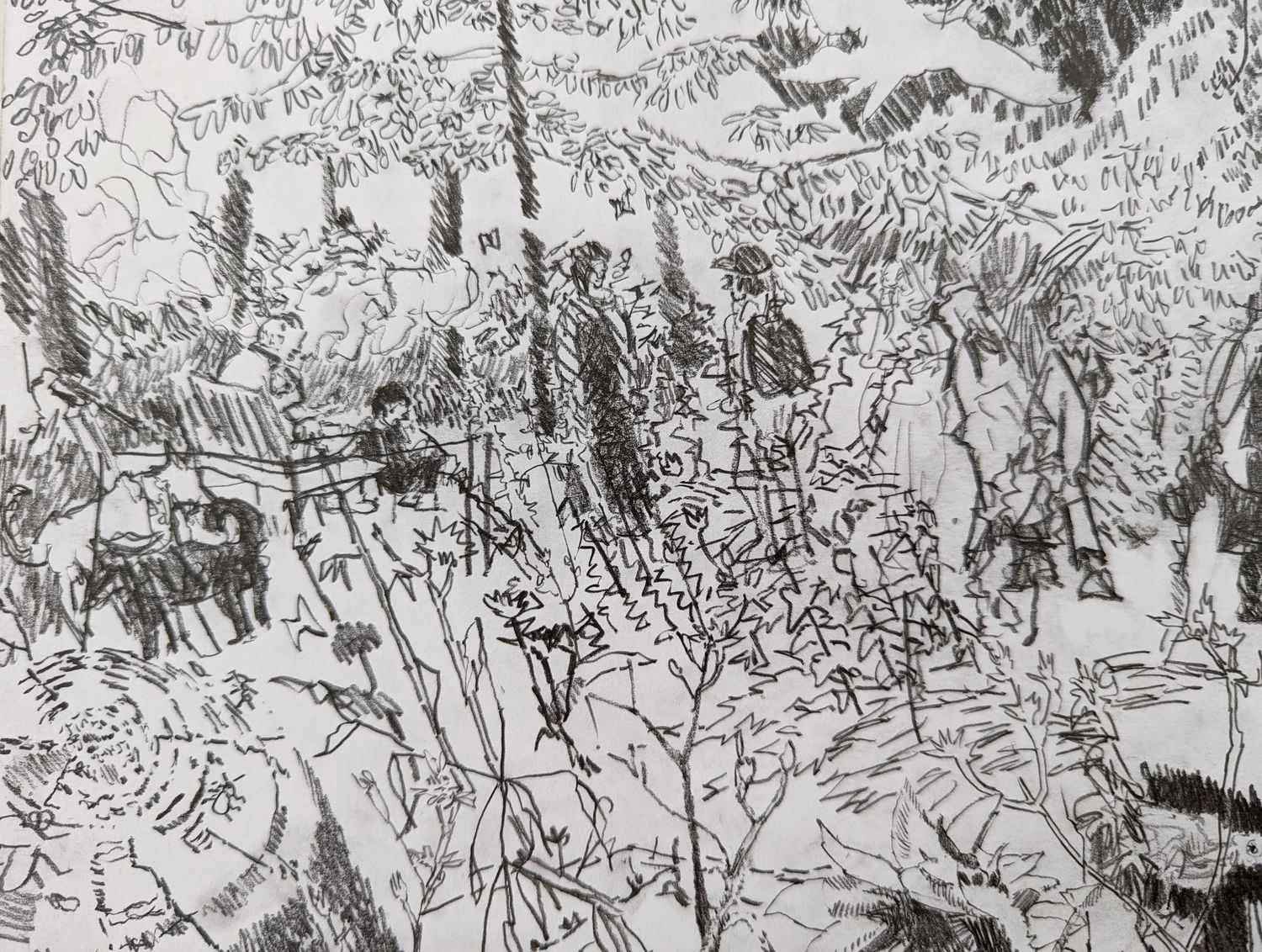 Detail from graphite drawing by Alexandra Blum procession of commuters dogs insects plants trees summer Laycock Green Islington London