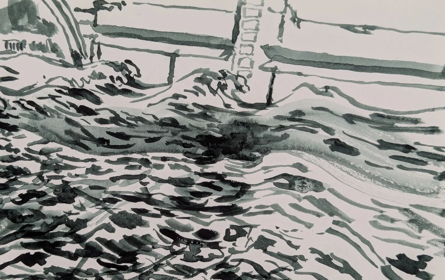 Detail of  watercolour drawing by Alexandra Blum of cresting waves moving through Thames Barrier