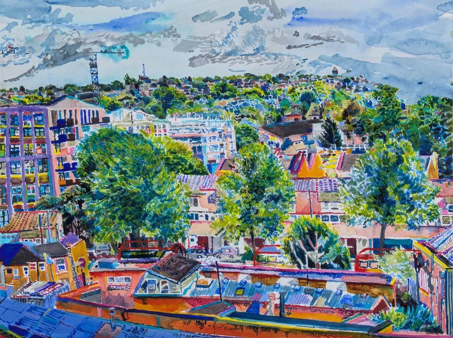 Watercolour by Alexandra Blum with early summer full leaf trees on Shooters Hill residential buildings cranes and blue sky with a bus travelling along the main road