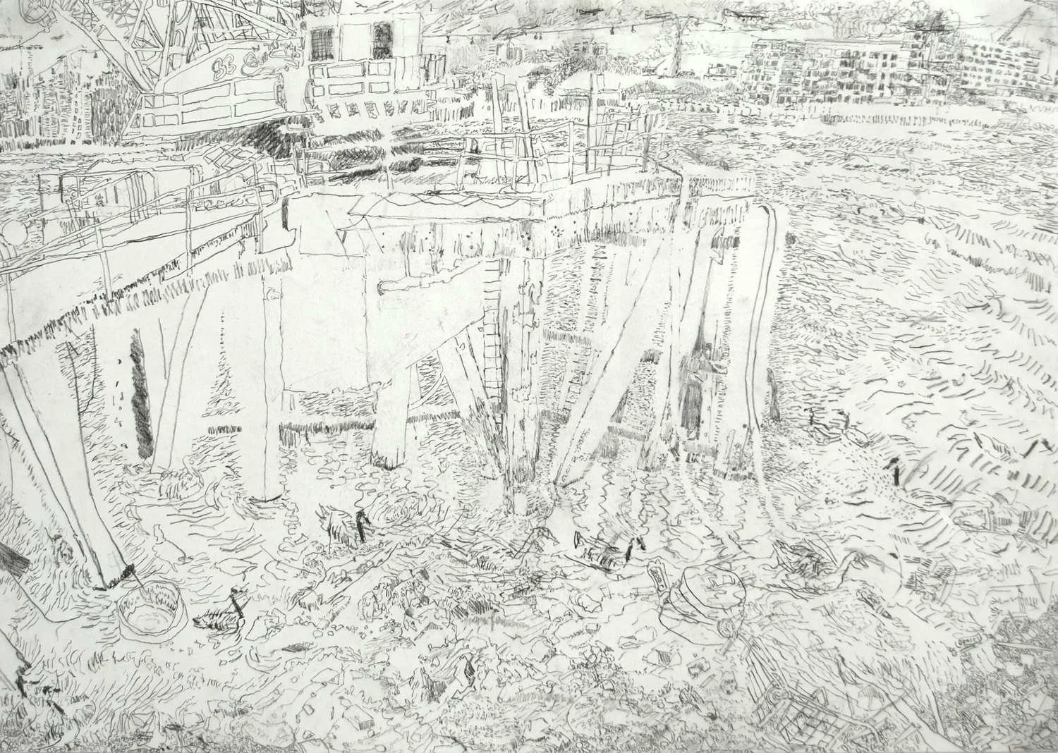 Graphite drawing river Thames London by Alexandra Blum titled Goose Eye View
