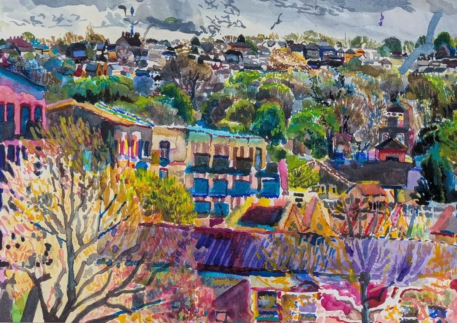 Detail of watercolour by Alexandra Blum focussing on relationship between buildings and trees