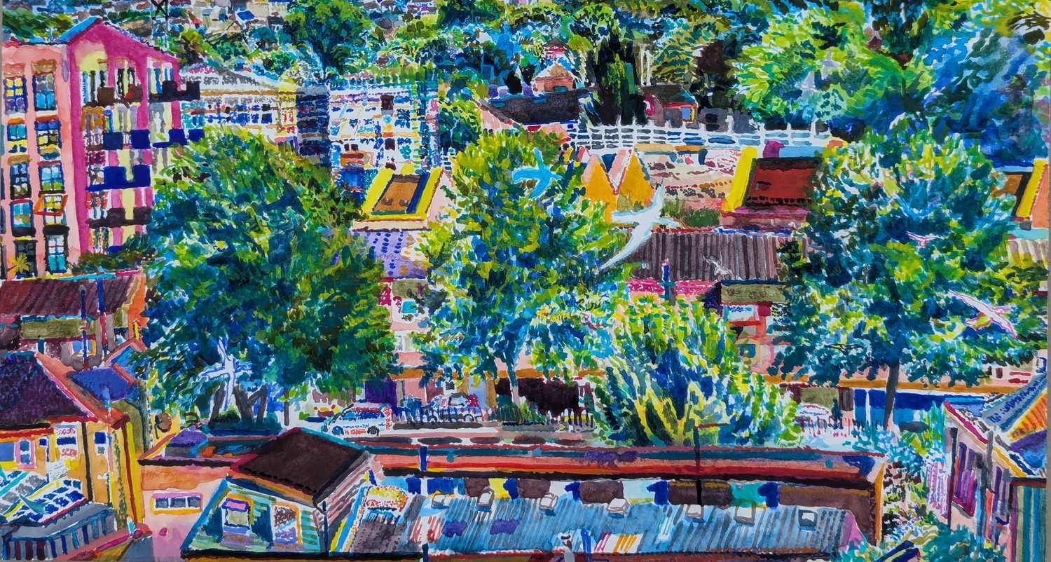 Watercolour by Alexandra Blum close up of trees in summer leaf with birds undulating flight amidst industrial buildings and construction site near Shooters Hill London