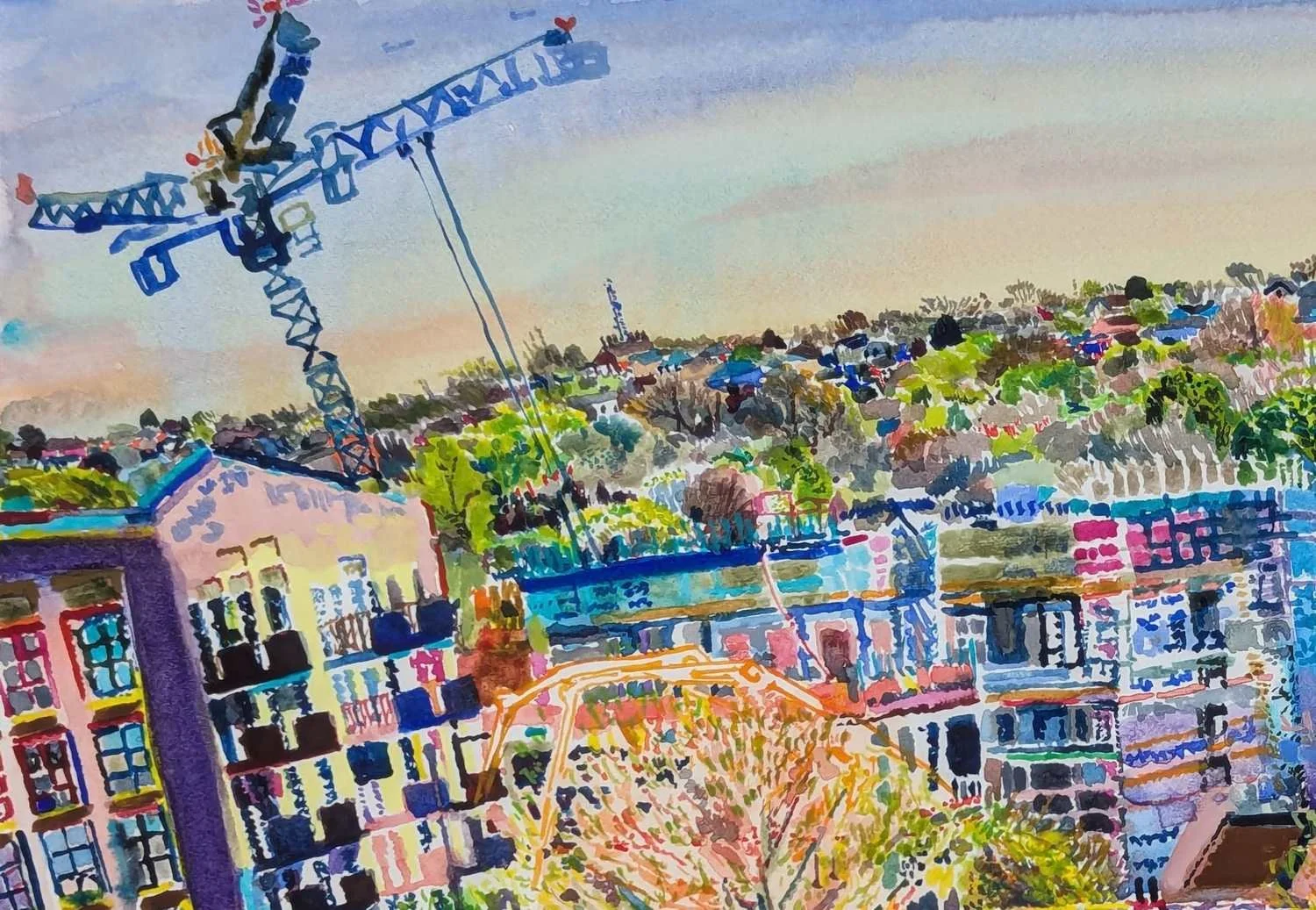 Watercolour by Alexandra Blum close up of spring leaves spreading over Shooters Hill London with cranes building site and clear sky