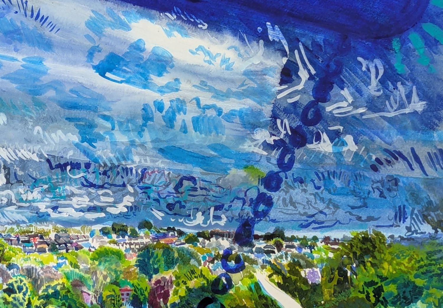 Close up of watercolour by Alexandra Blum focusing on sky and trees on horizon of Shooters Hill London