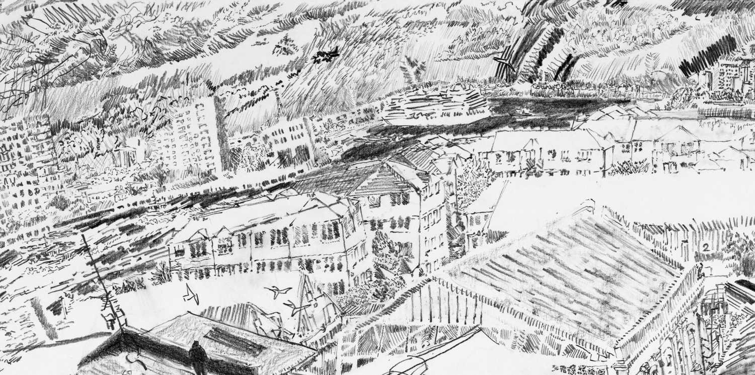 detail from graphite drawing by Alexandra Blum looking down onto Westminster Industrial Estate London focus on river and distant rainbow