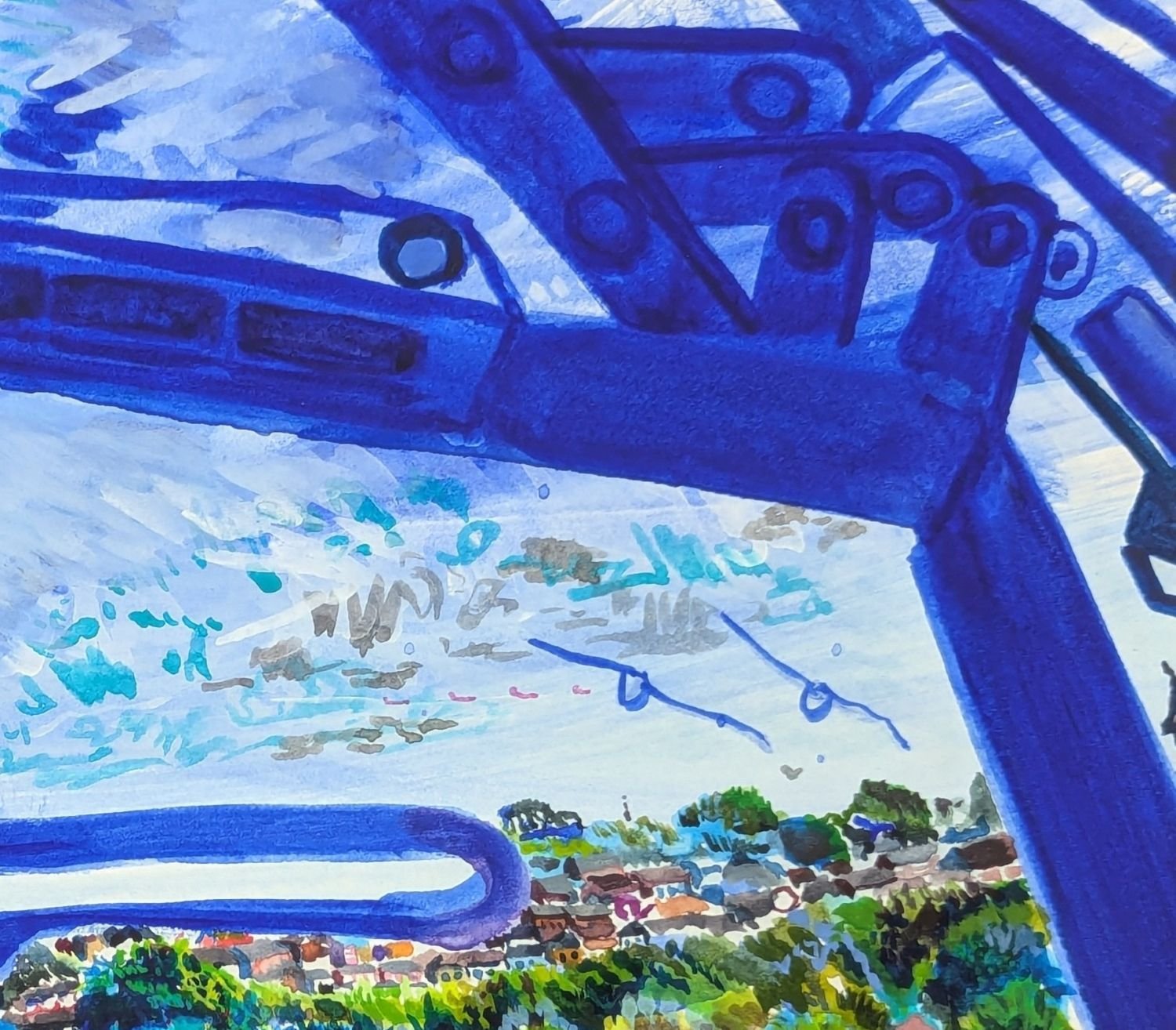 Detail of watercolour by Alexandra Blum focussing on window mechanism with sky, birds and urban forest on horizon