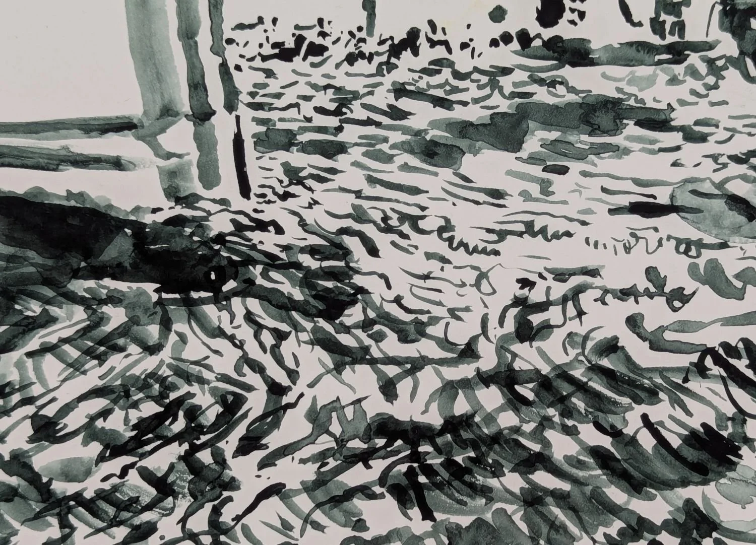 Detail of watercolour drawing by Alexandra Blum of light on moving water under Thames Barrier London