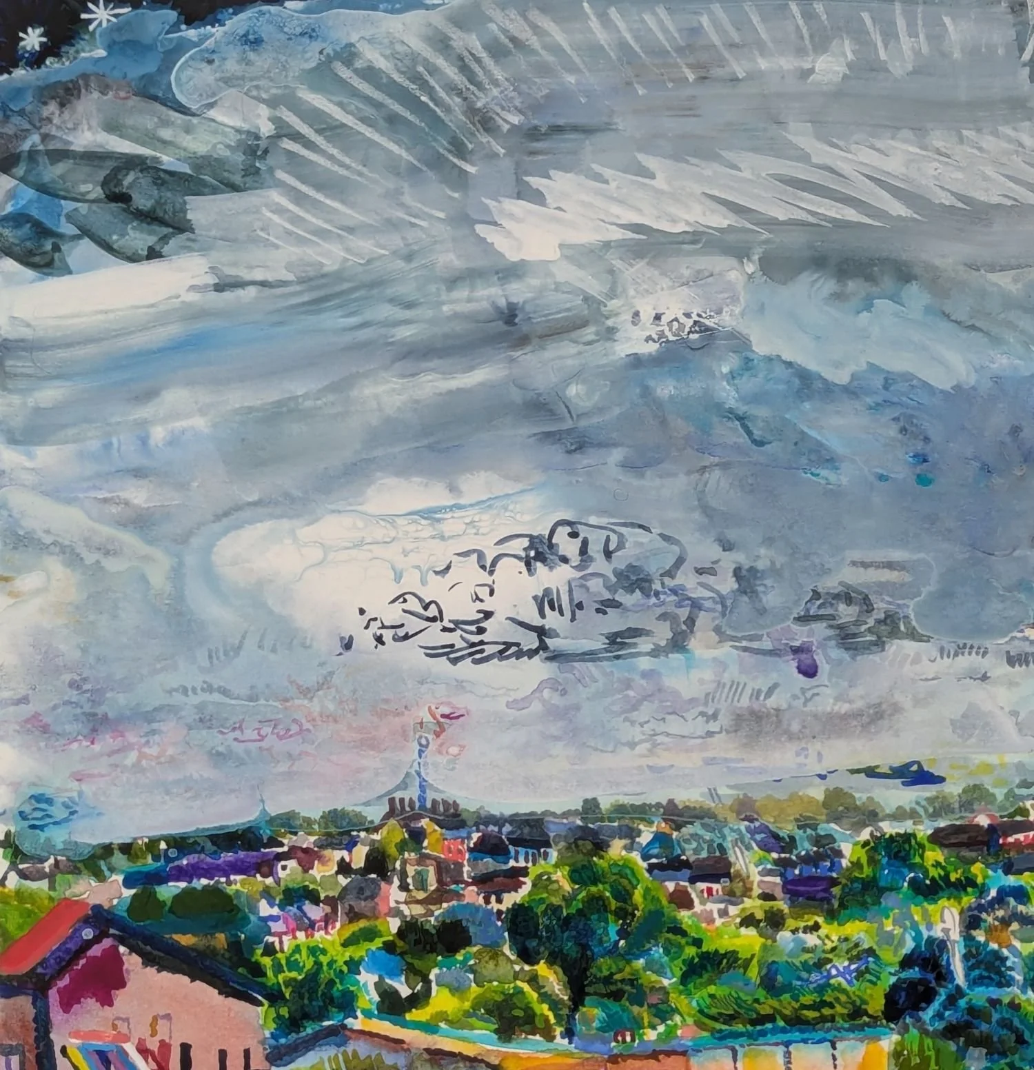 Detail of watercolour by Alexandra Blum focusing on overcast sky over urban forest with night time stars in top left