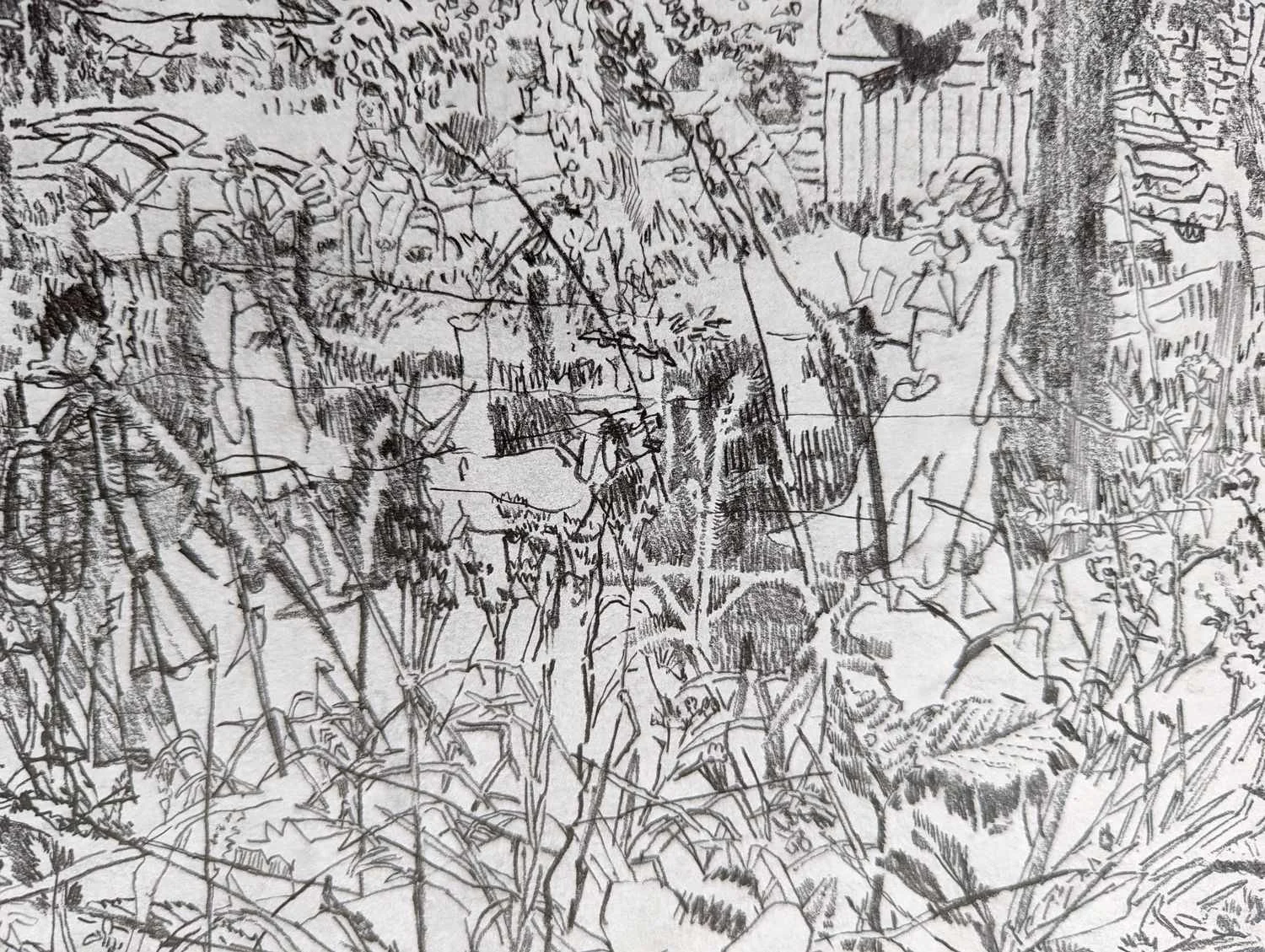 Detail from graphite drawing by Alexandra Blum pigeon flying dog barking passers-by Laycock Green Islington London