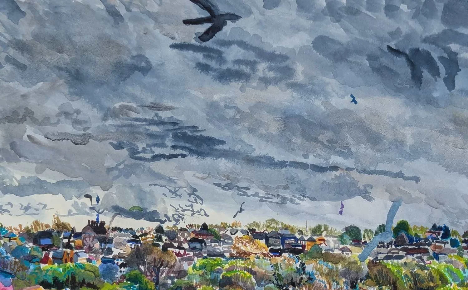Detail of a watercolour by Alexandra Blum  focussing on layers of grey clouds and trees with spring leaves reaching up towards the sky