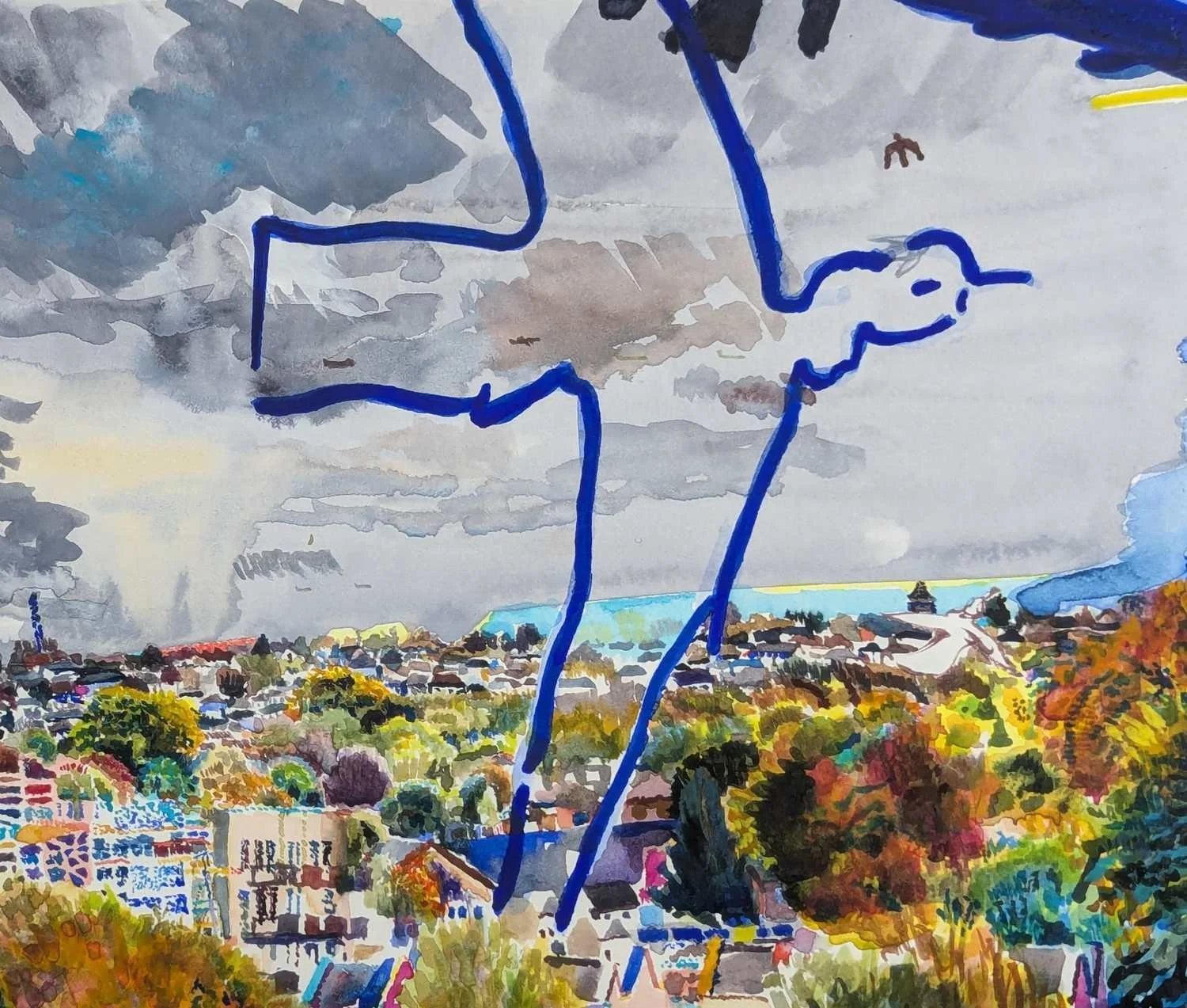 Watercolour by Alexandra Blum close up of bird in flight over autumnal foliage and buildings in area near Shooters Hill London