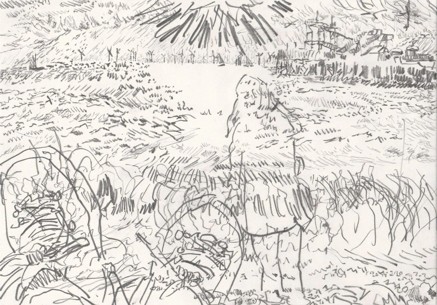 Graphite drawing of person looking out to sea by Alexandra Blum