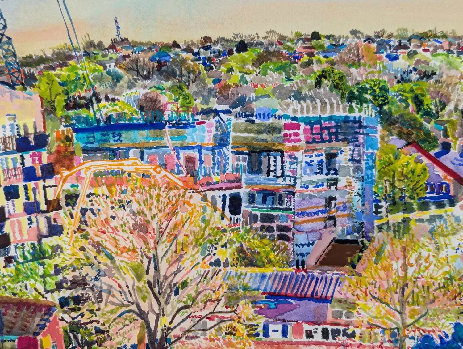 Watercolour by Alexandra Blum close up of building site and spring tress on Shooters Hill London