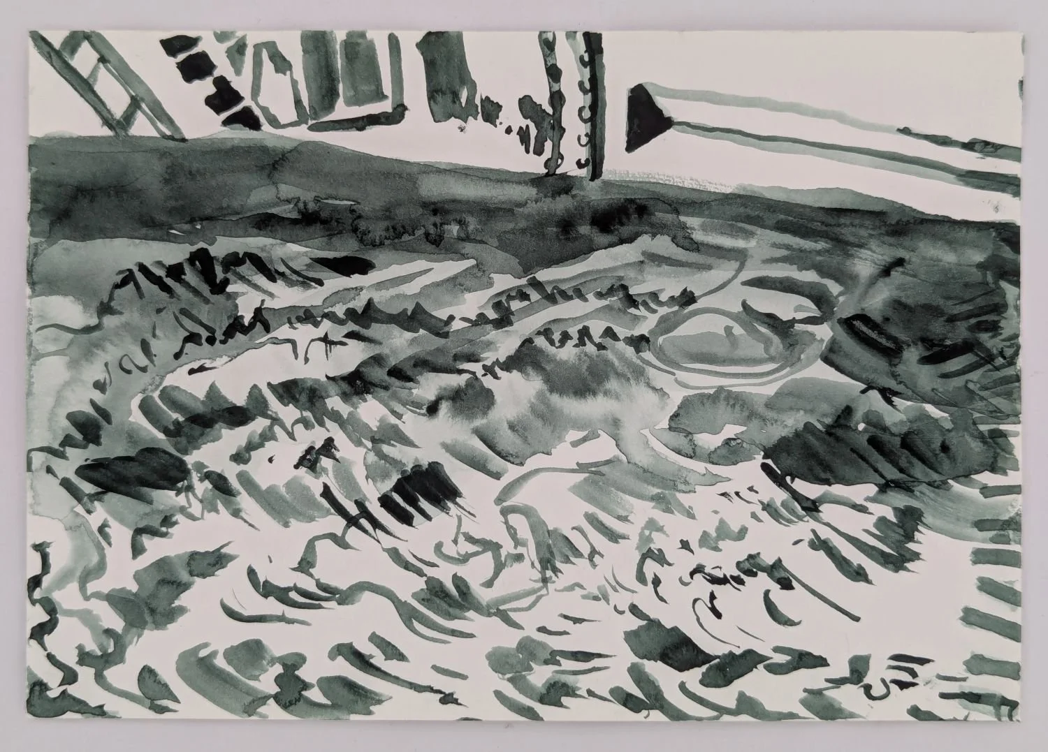Watercolour drawing by Alexandra Blum of varied speeds of swirling water moving through the Thames Barrier London