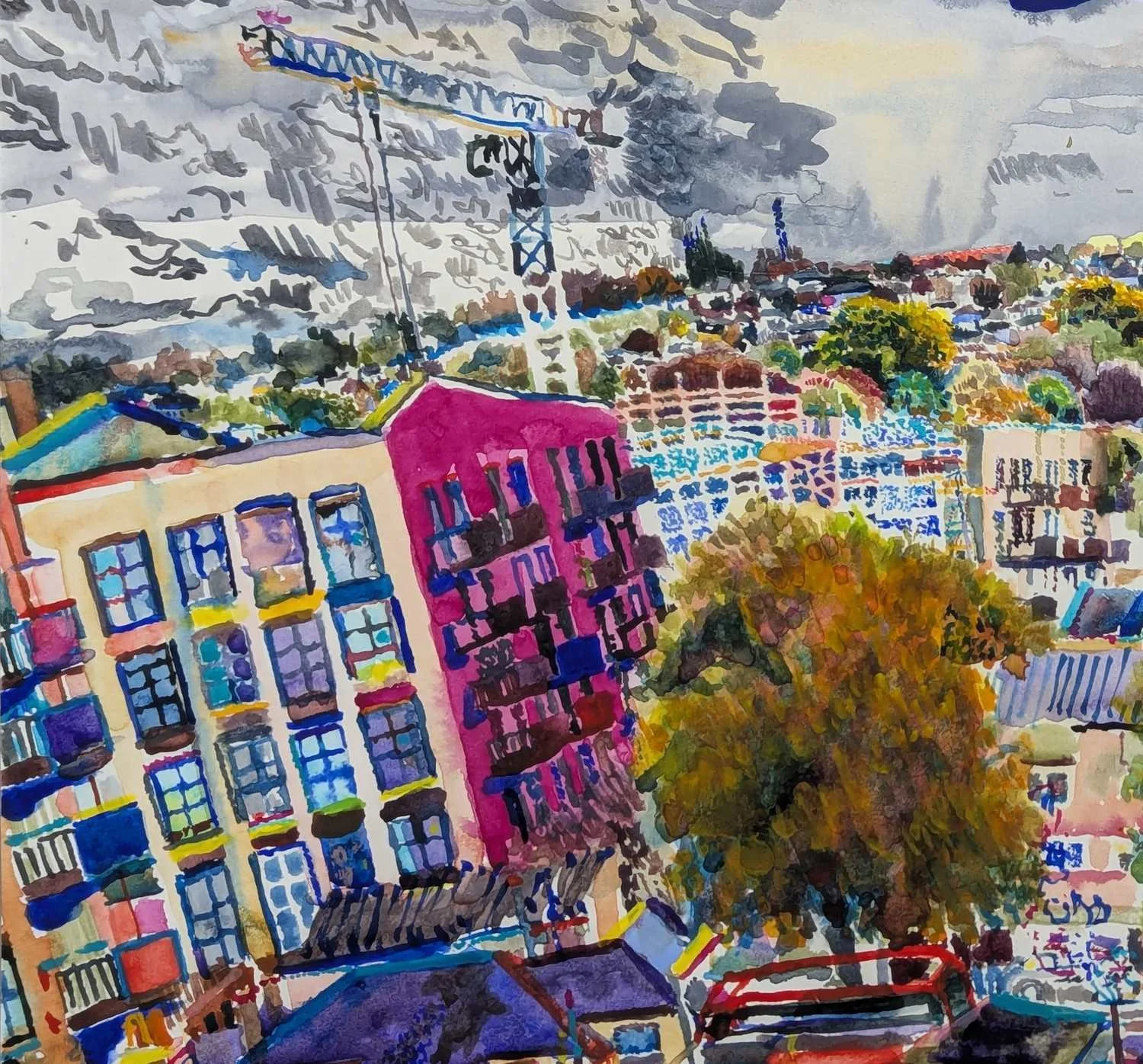 Watercolour by Alexandra Blum close up of tower blocks under construction cranes and autumnal trees