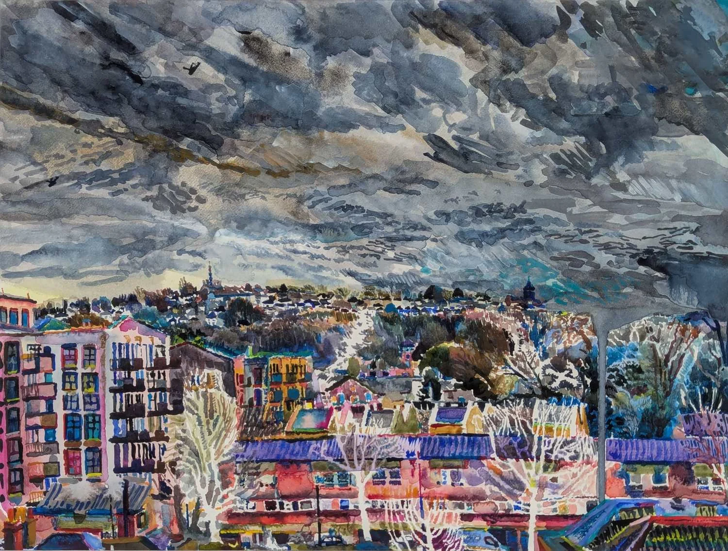 Watercolour by Alexandra Blum of winter rain over the trees on Shooters Hill London