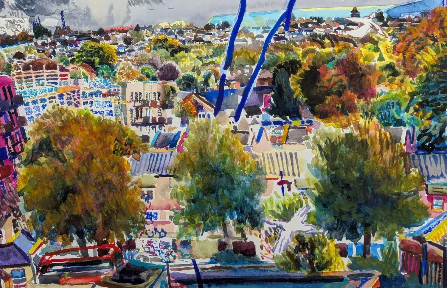 Watercolour by Alexandra Blum close up of closely observed autumnal foliage and building site behind near Shooters Hill London