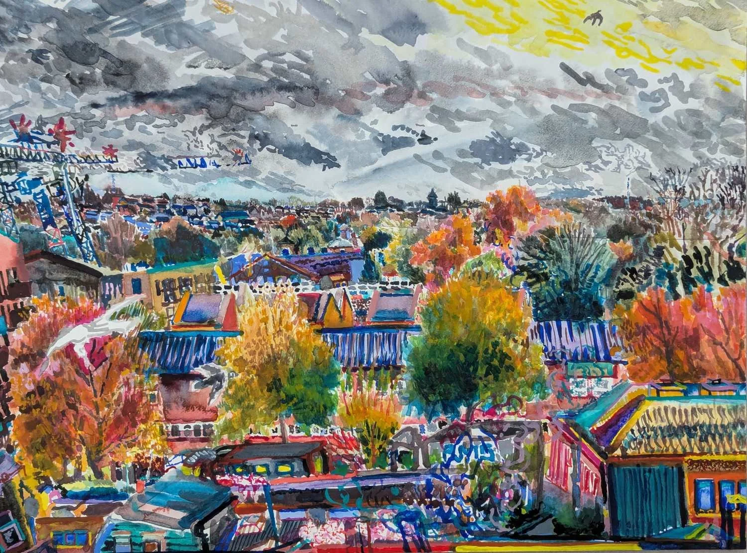 Watercolour by Alexandra Blum colour transition into autumn then winter on foliage on Shooters Hill London with birds circling in cloudy sky