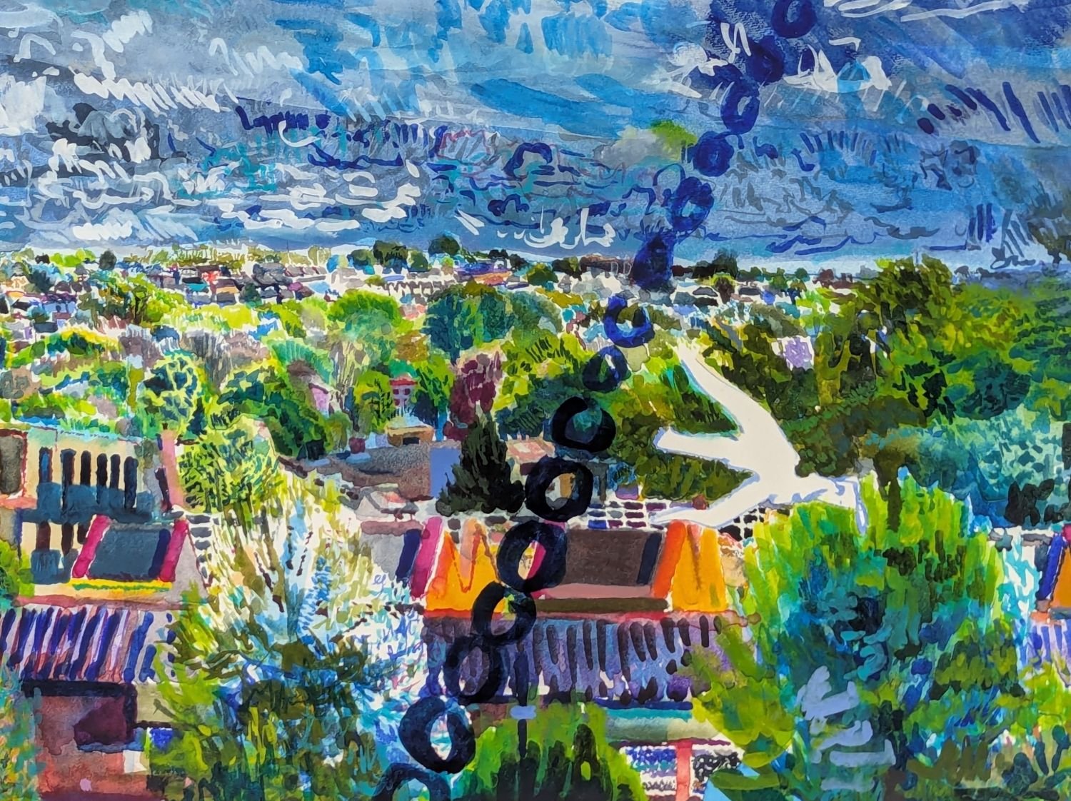 Close up of watercolour by Alexandra Blum focusing on gull flying over wooded early summer landscape of Shooters Hill London