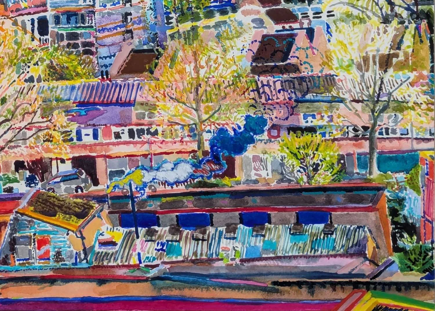 Watercolour by Alexandra Blum close up of London buildings with steam rising and early spring trees