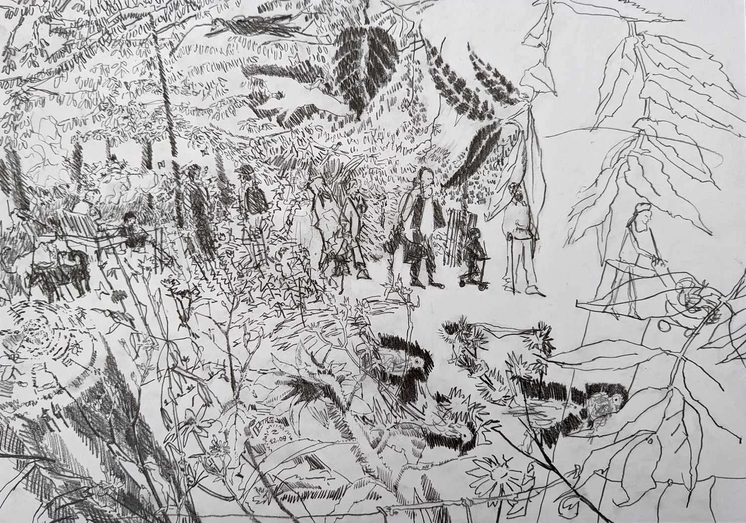 Alexandra Blum graphite drawing summer commuters walking Laycock Green London