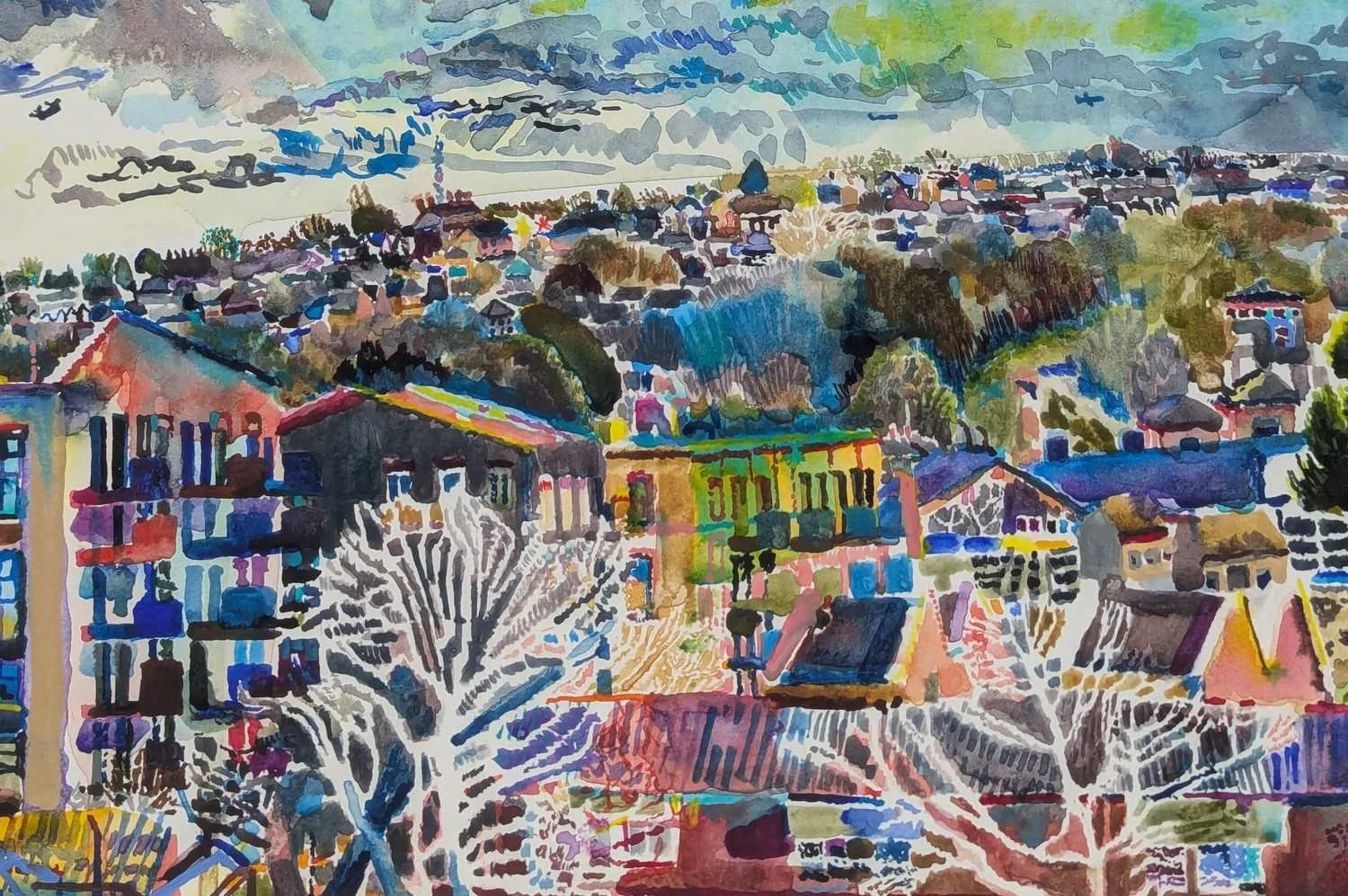 Watercolour by Alexandra Blum, close up of urban forest in early spring alongside new buildings