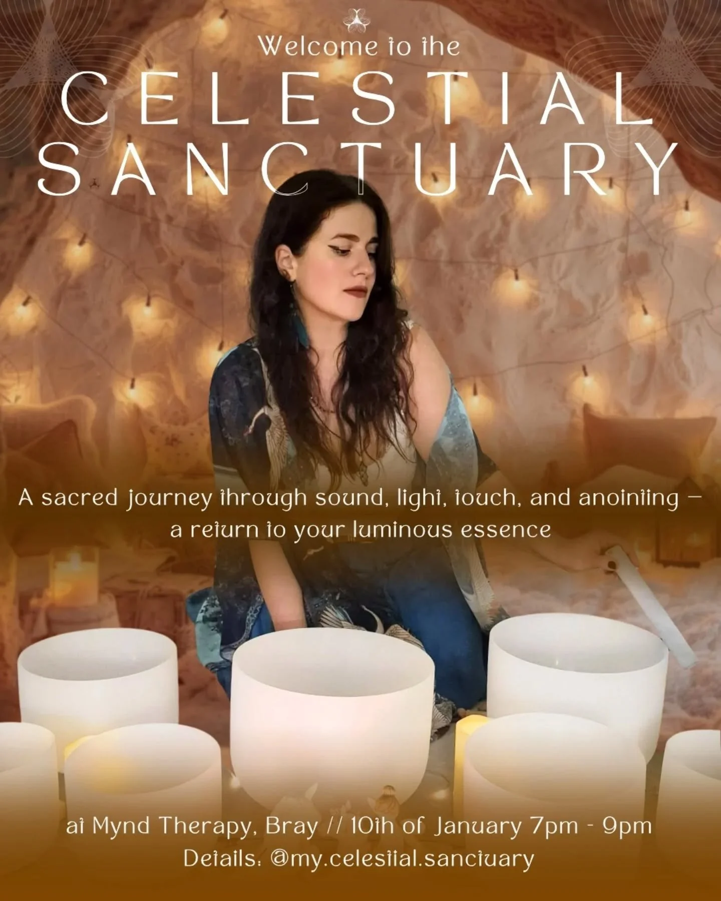 ✨✨✨The Celestial Sanctuary - Bray, 10th of January

✨Welcome to the CELESTIAL SANCTUARY

A sacred journey through sound, light, touch, and anointing &mdash; a return to your luminous essence

&nbsp;

✨✨✨What to expect:

✨A Meditation with Archangel J