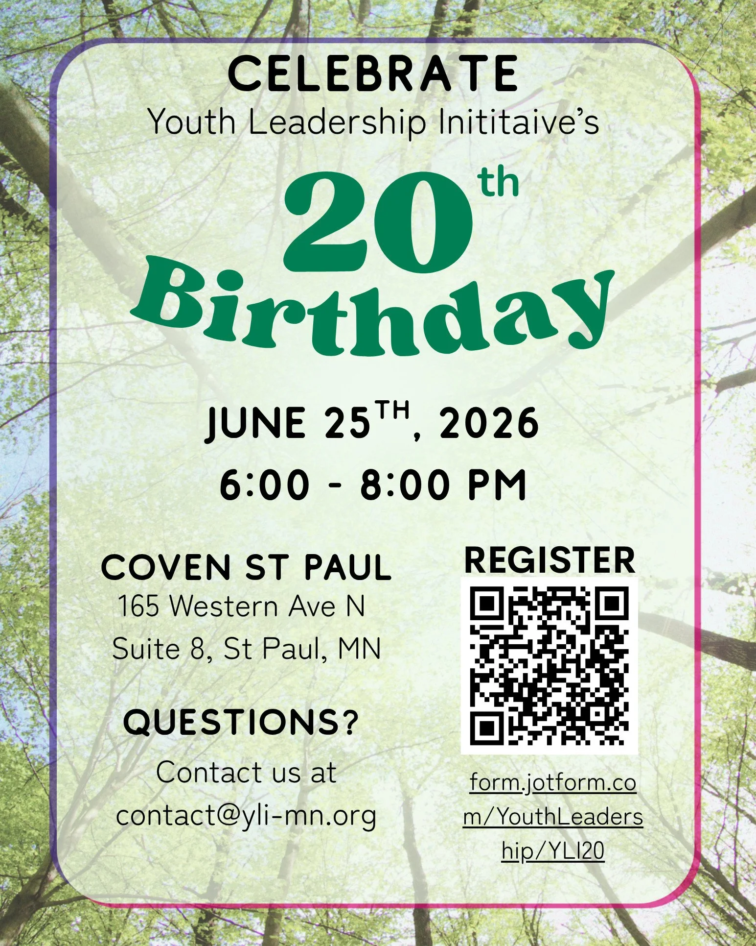 You are cordially invited to YLI's 20th birthday! For 20 years, YLI has been fighting for a more just world through supporting the development of young leaders and there is so much to celebrate. 

Today marks the 2 week countdown until our big birthd