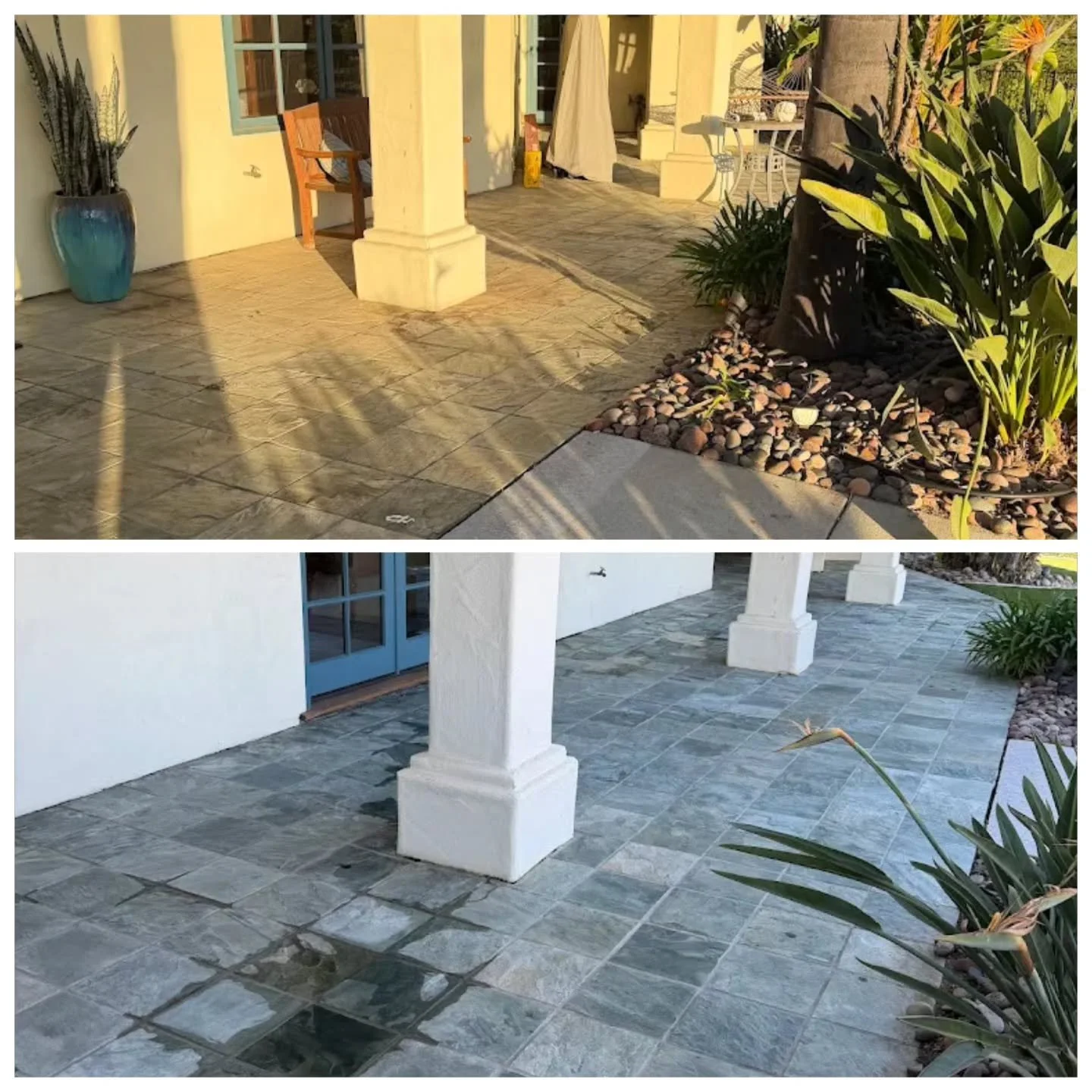 Before &amp; After
This patio was properly degreased and surface cleaned, bringing the concrete back to life.

We didn&rsquo;t stop there&mdash;windows were cleaned from overspray and the exterior stucco was soft washed so the entire space came out d