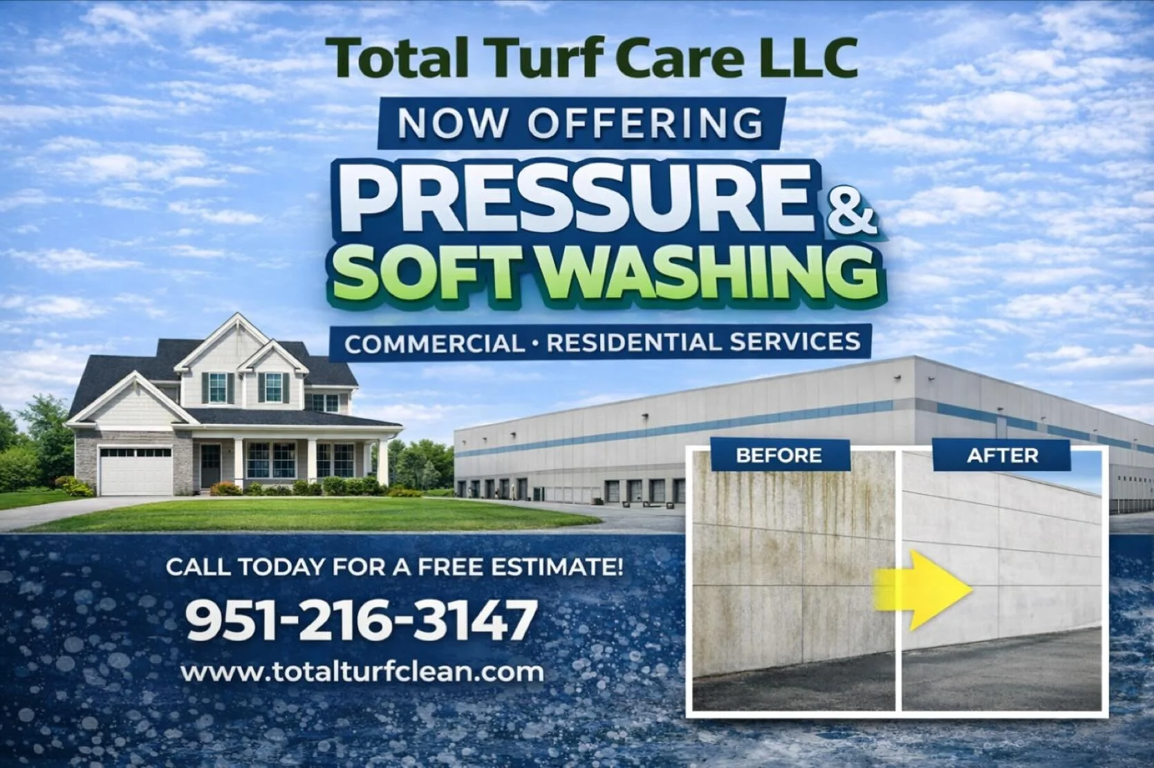Now Offering Pressure &amp; Soft Washing Services I Commercial &amp; Residential

Total Turf Care LLC is expanding our services to include professional pressure washing and soft washing for residential and commercial properties.

From homes and drive