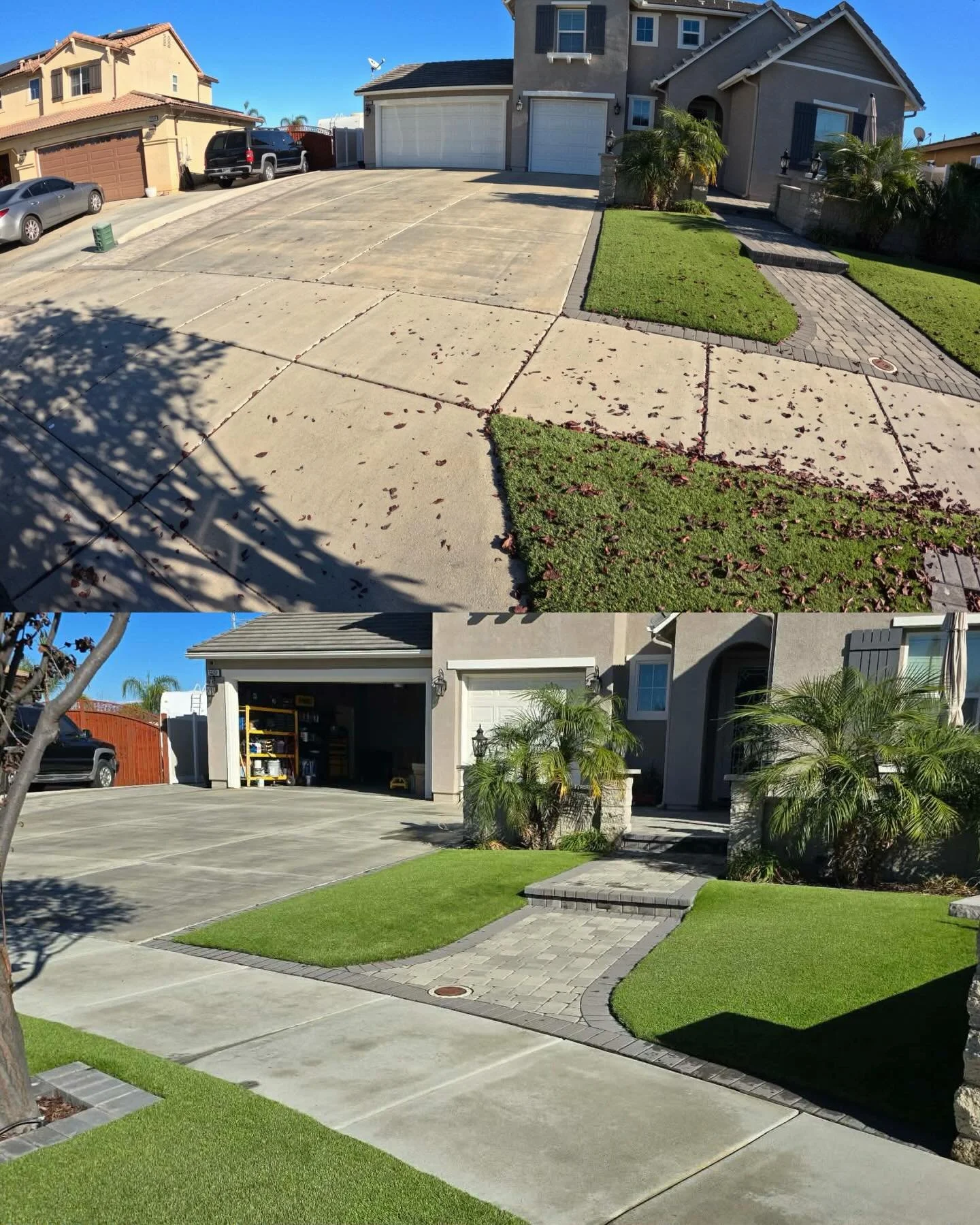 Before &amp; after says it all.

Wrapped up a driveway pressure wash and front yard turf cleaning in Winchester, CA. The driveway was pre-treated first, then pressure washed and post-treated to break down buildup and bring the concrete back to a clea