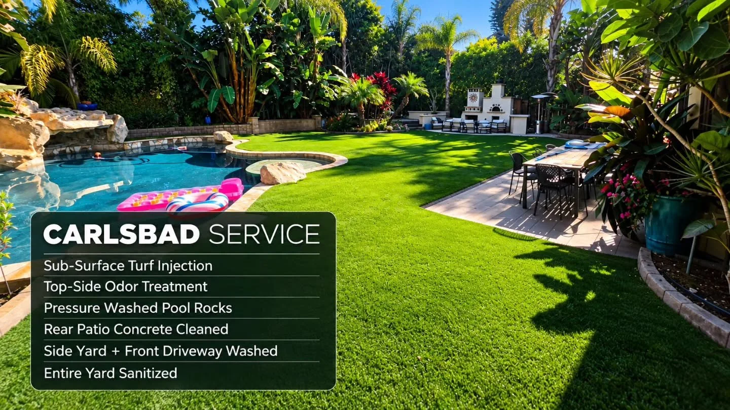Another Carlsbad project complete!

This one got the full treatment

We performed our sub-surface turf injection to treat odor below the turf, followed by a top-side odor treatment and full-yard sanitization.

We also pressure washed the pool rocks, 