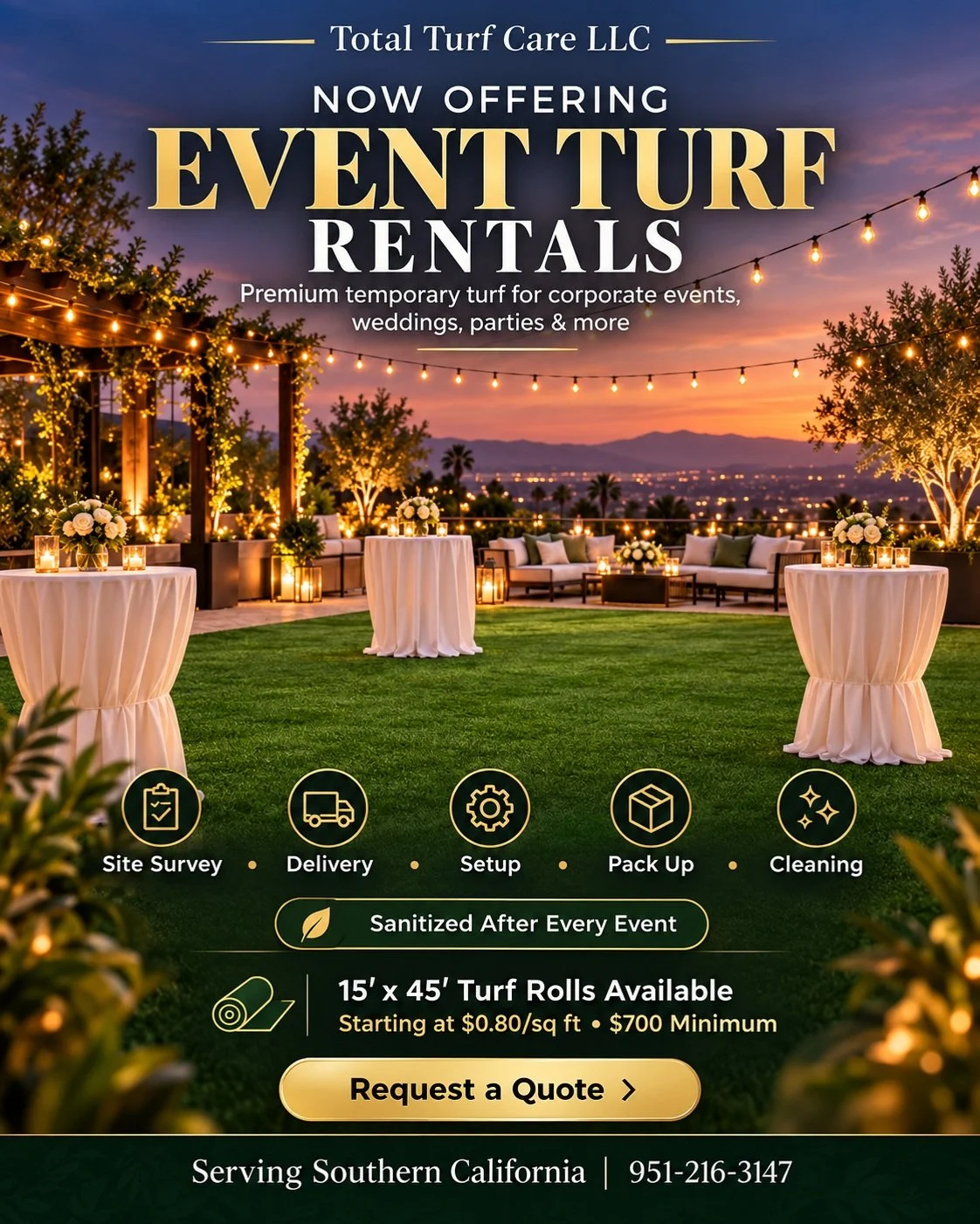 Introducing Our Newest Service &mdash; Event Turf Rentals! 🎉

Total Turf Care is expanding! We're excited to officially introduce premium artificial turf rentals for events throughout Southern California!

From weddings and corporate events to backy