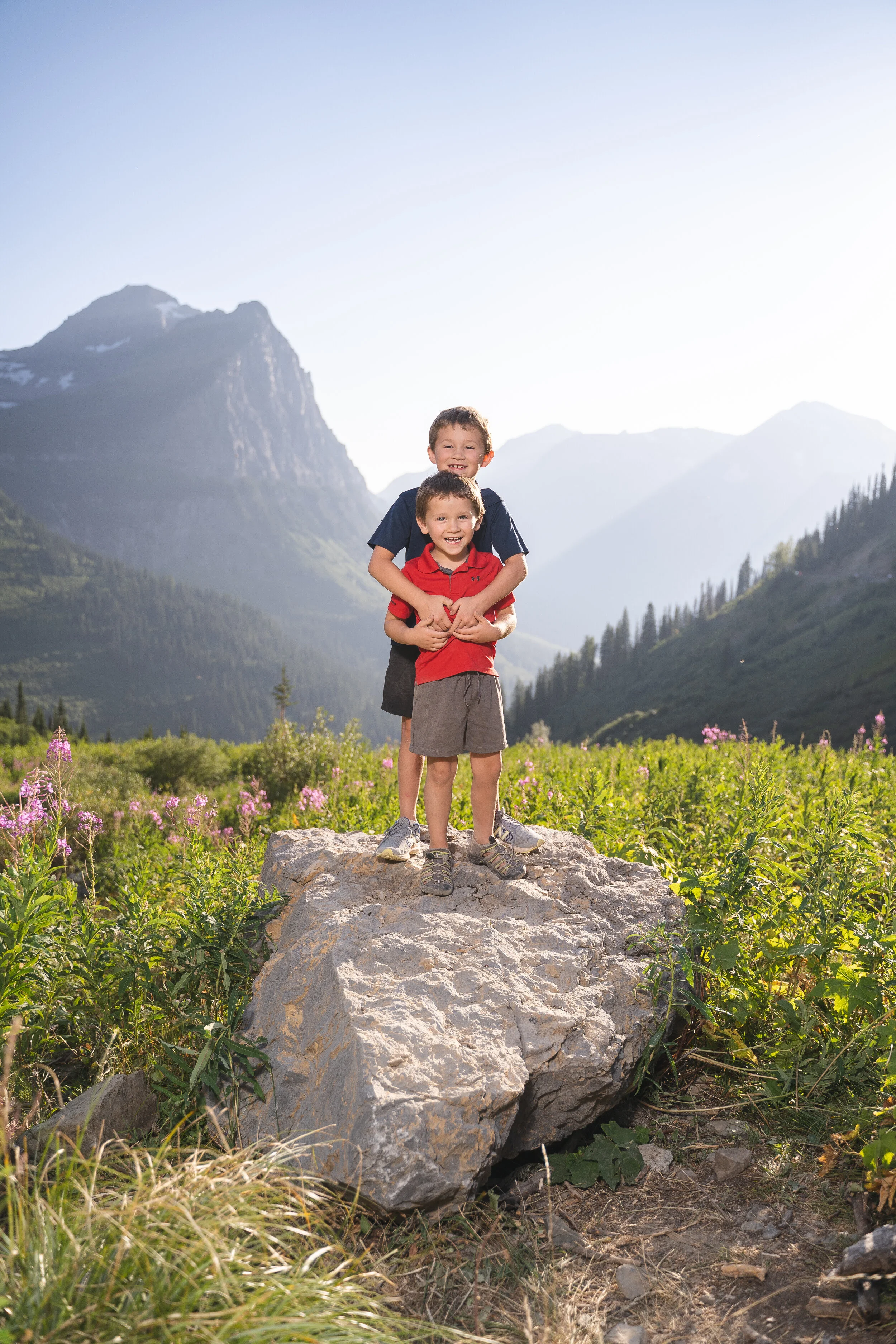 Two smiling boys standing on a large rock in a mountain landscape with wildflowers and a clear sky.