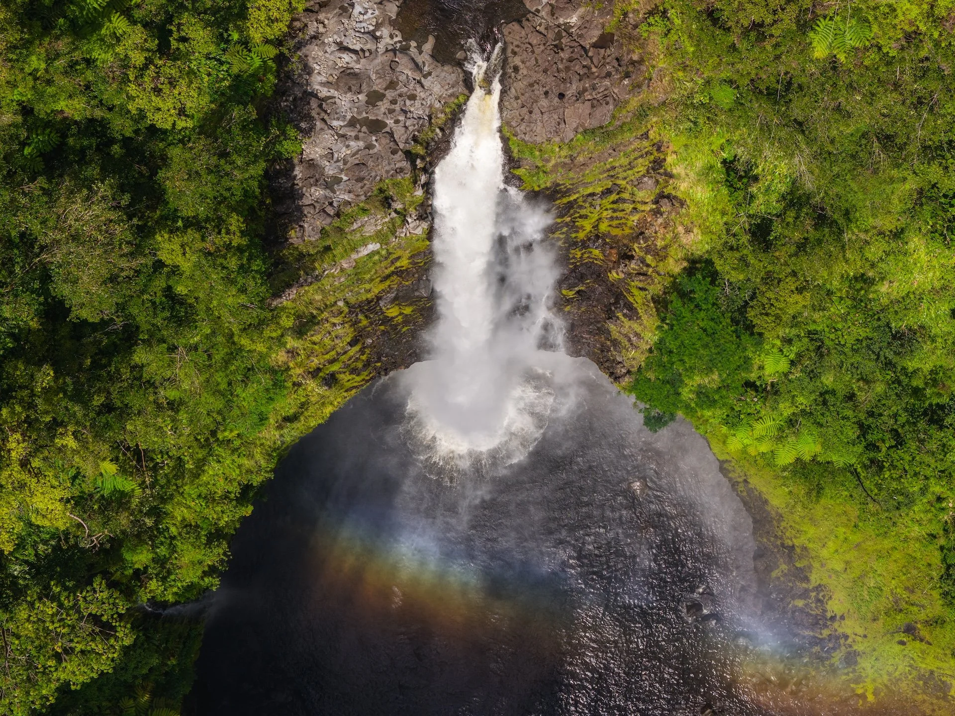 Aerial view of a waterfall cascading into a dark river surrounded by lush green tropical rainforest