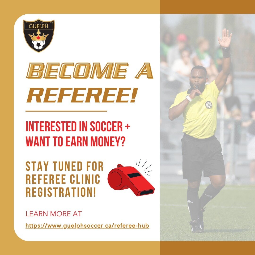 Want to get involved at Guelph Soccer? Join us as a referee and get paid to ref our games! Referee Clinic Registration will be opening soon, so stay tuned! Learn more about refereeing in the link in our bio. #guelphsoccer #referee