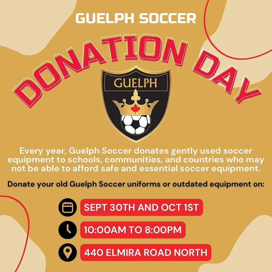 📢‼️ATTENTION GUELPH SOCCER COMMUNITY📢‼️
Got old jerseys, cleats, shin pads, or balls just taking up space? Don’t let them gather dust — donate them and make a difference!
Every year, Guelph Soccer sends donations to schools, communiti