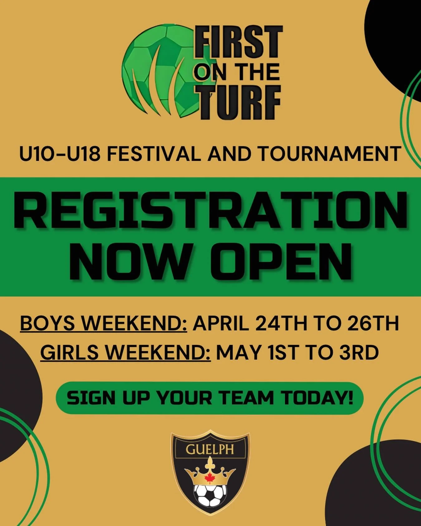 Registration for our annual First on the Turf Festival and Tournament IS NOW OPEN!!! 🙌🙌

FOTT is an annual outdoor festival and tournament for U10-U18 competitive teams. It takes place at the University of Guelph from April 24th to May 3rd. 

For m